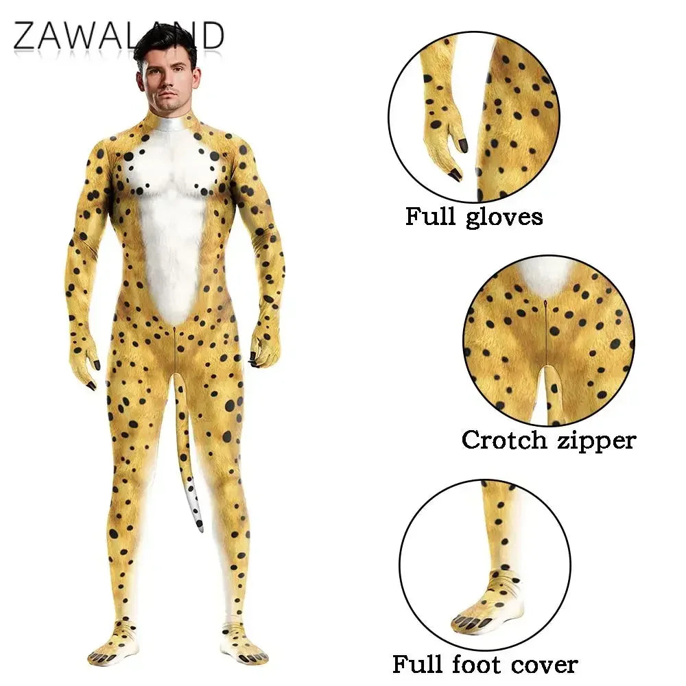 Zawaland Tiger Leopard Cheetah Petsuit for Men Animal Disguise Costume Crotch Zipper Zentai Halloween Carnival Full Bodysuits