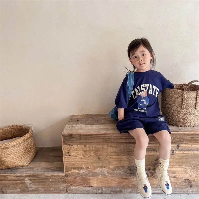 2pcs Summer Baby Clothes Set Children Boy Girl Cartoon Bear T-shirts and Shorts Suit Kid Casual Top Bottom Outfits Tracksuits
