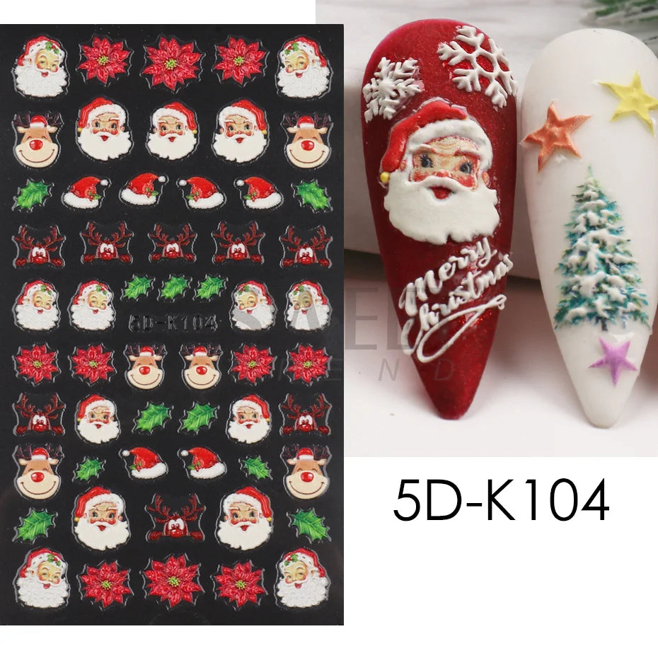 5D Red Christmas Nail Stickers Glitter Embossed Snowflake Gloves Feather Bulb Bells Winter Xmas DIY Engraved Manicure Decoration