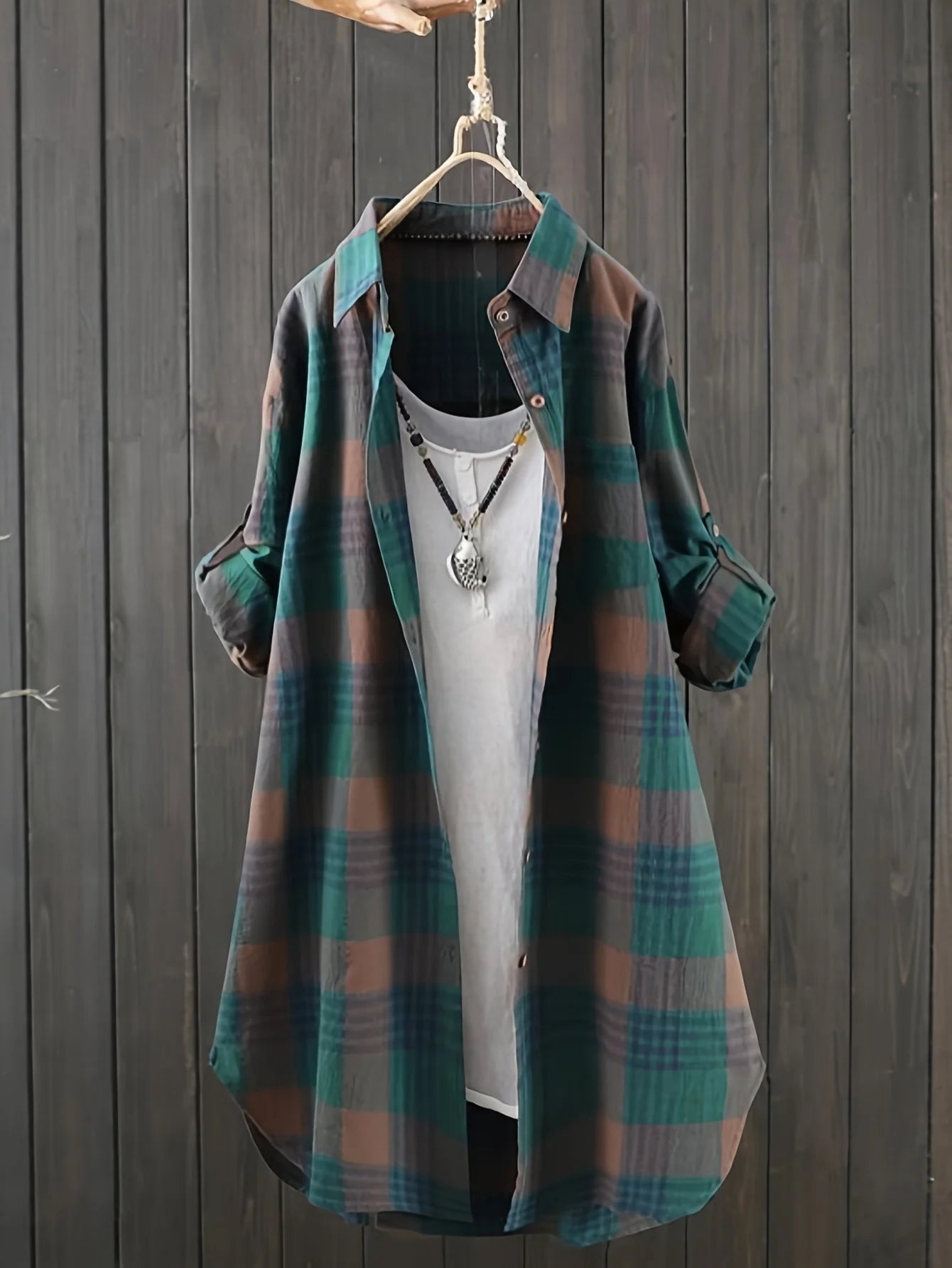 Blusa informal de manga larga holgada con cuello vuelto retro para mujer, camisa a cuadros de talla grande para primavera y verano, de largo medio