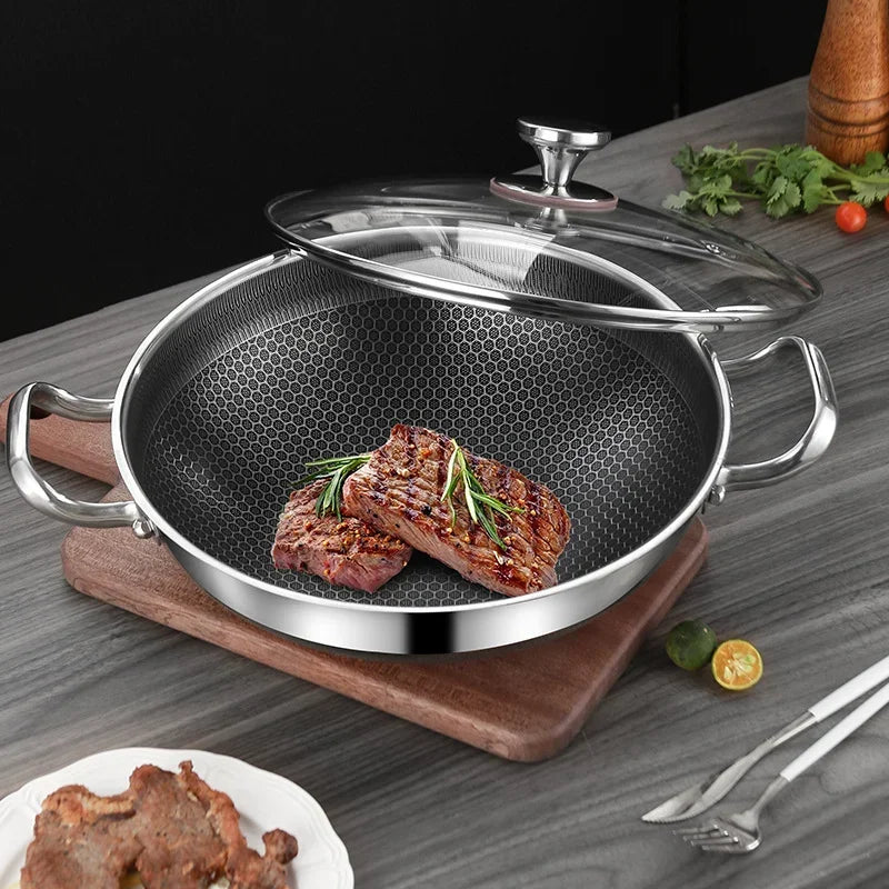 32cm 304 Stainless Steel Frying Pan Food Grade Non-Stick Pan Honeycomb Pot Bottom Induction Cooker Gas Stove General Wok
