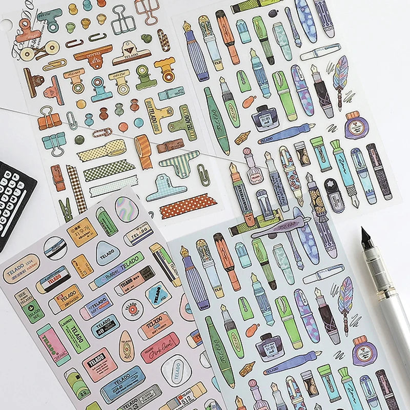 8pcs pencils erasers pens clips stationery themed stickers handbook DIY notebooks dairy pens students' back-to-school gifts