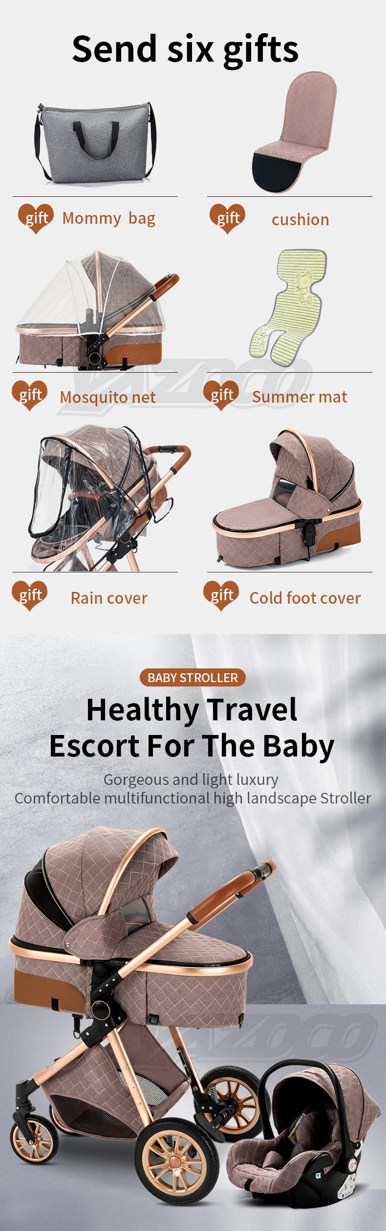 Luxurious Baby Stroller 3 in 1 Portable Travel Baby Carriage Folding Prams High Landscape Aluminum Frame Car for Newborn Baby