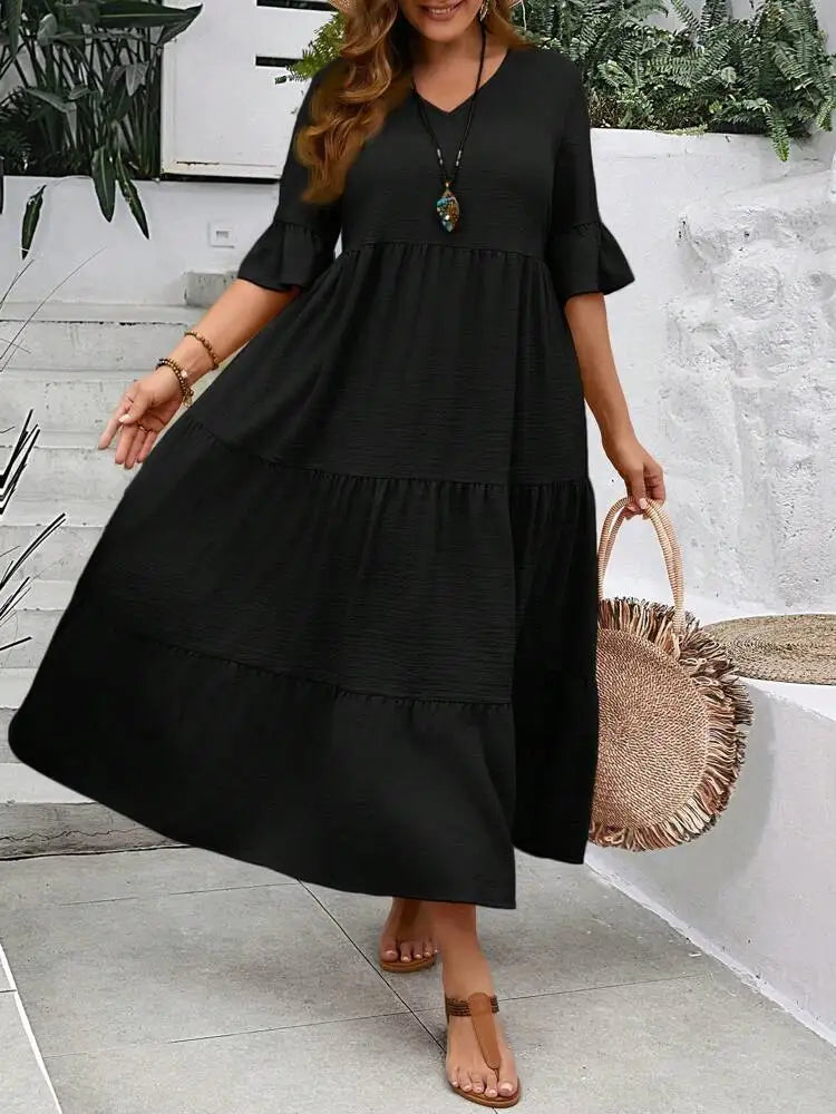 Vestido largo de talla grande, multicolor, con escote en V grande, nuevo, primavera y verano de 2024 