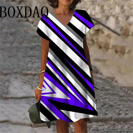 Colorful Stripe Geometry Graphic Dress For Women 2025 Fashion Plus Size Summer Short Sleeve Dress Casual V-Neck Loose Mini Dress