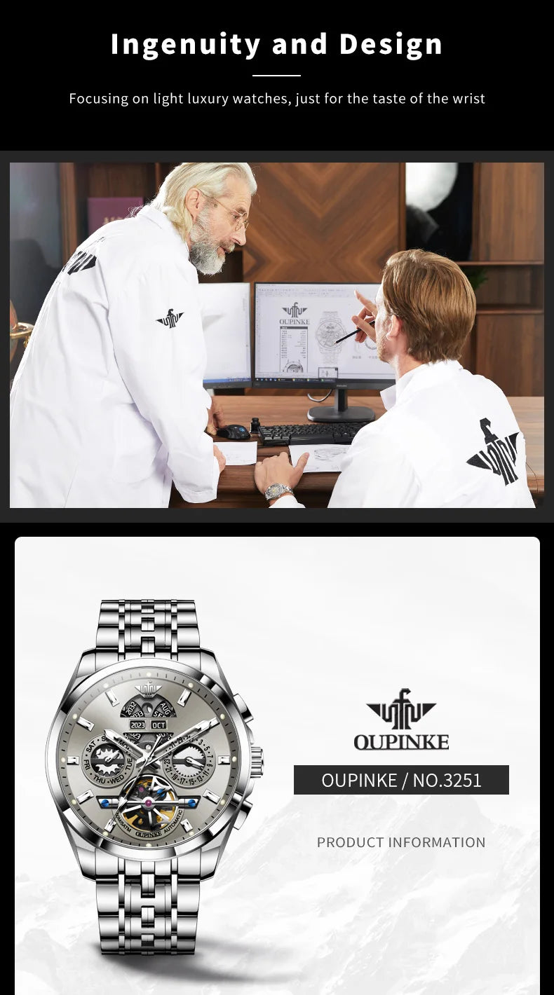 OUPINKE 3251 Skeleton Flywheel Automatic Watch for Men Stainless Steel Waterproof Wristwatch Luxury Sapphire Mirror Men's Watch