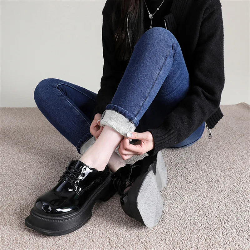 Women's Thermal Jeans Winter Snow Warm Plush Stretch Jeans Lady Skinny Thick Fleece Denim Long Pants Retro Blue Pencil Trousers
