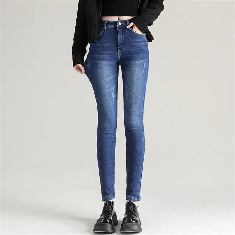 Women's Thermal Jeans Winter Snow Warm Plush Stretch Jeans Lady Skinny Thick Fleece Denim Long Pants Retro Blue Pencil Trousers