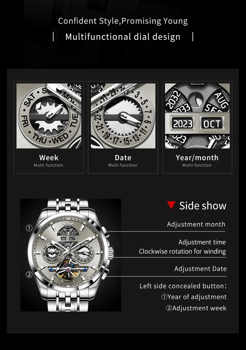 OUPINKE 3251 Skeleton Flywheel Automatic Watch for Men Stainless Steel Waterproof Wristwatch Luxury Sapphire Mirror Men's Watch