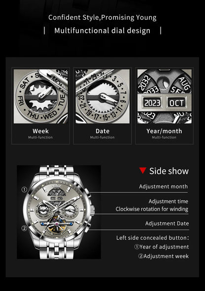 OUPINKE 3251 Skeleton Flywheel Automatic Watch for Men Stainless Steel Waterproof Wristwatch Luxury Sapphire Mirror Men's Watch