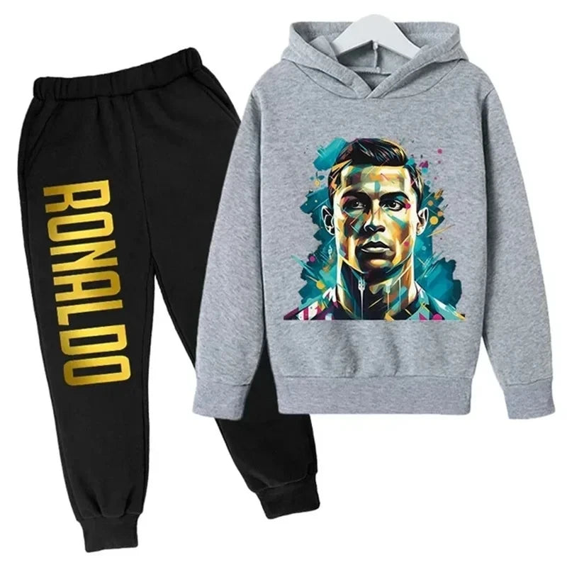 Autumn and winter Ronaldo creative printed children's hoodie set autumn and winter warm fleece hooded pants two-piece set sports