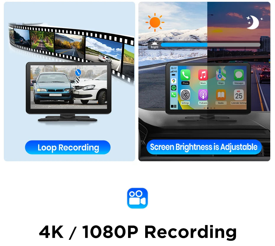 Junsun 9 inch Car DVR 4K Dash Cam Wireless Carplay for Apple Android Auto Dual Lens Video Recorder Dashboard Monitor FM BT AUX
