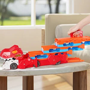 Dinosaur 3-in-1 Transport Truck Car Toys for Boys Ages 3+, 8 Race Cars Ejection, Folding Portable Track Toy with Sound for Kids