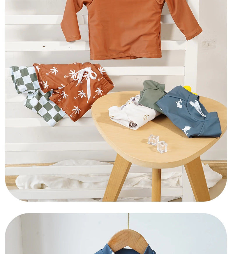 Summer Baby-Boys Toddler Long Sleeved Rashguard Swim Bathing Suit Set Long Sleeve Round Collar Sunscreen Swimsuit
