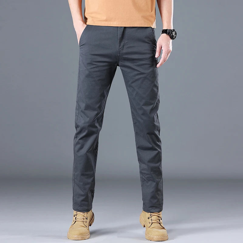 Men's High Quality Pure Cotton Classic Solid Color Casual Pants Business Stretch Slim Straight Brand Trousers Male Autumn New