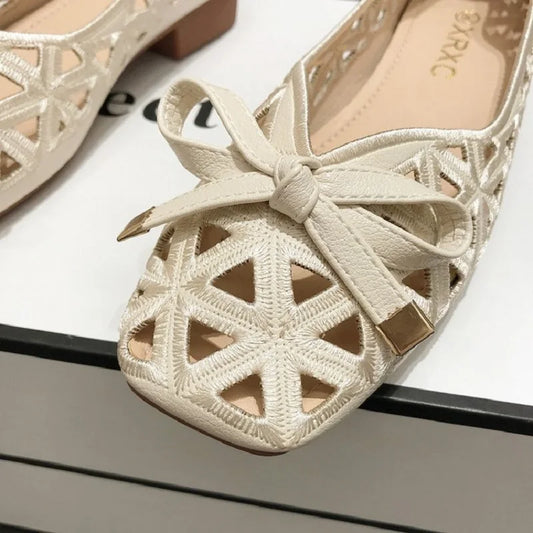 2025 New French Style Bow Flat Sandals Women's Geometric Cut-Out Peep-Toe Breathable Summer Beige Shoes for Dresses