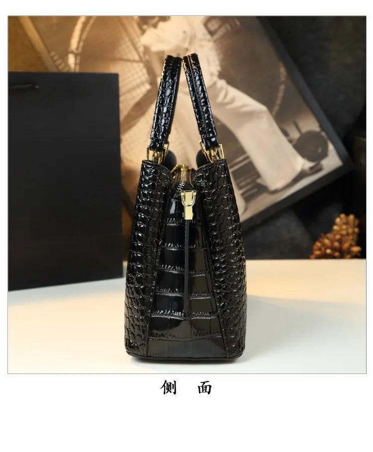 2023 New Luxury Crocodile Bag for Women Casual Tote High Qualtiy Patent Leather Shoulder Purses Elegant Dinner Noble Purse Black