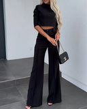 Elegante conjunto de dos piezas de color liso para mujer, traje de oficina, top corto informal y pantalones de cintura alta, otoño 2024