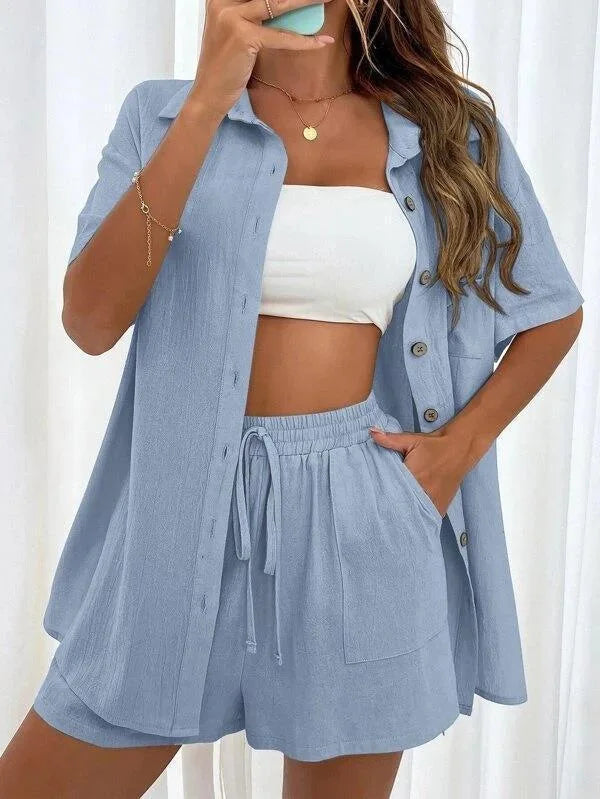 2 Pieces Women Sets Summer Solid Color Short Sleeve Open Stitch Button Blouse+Shorts Casual Women's Set Clothing