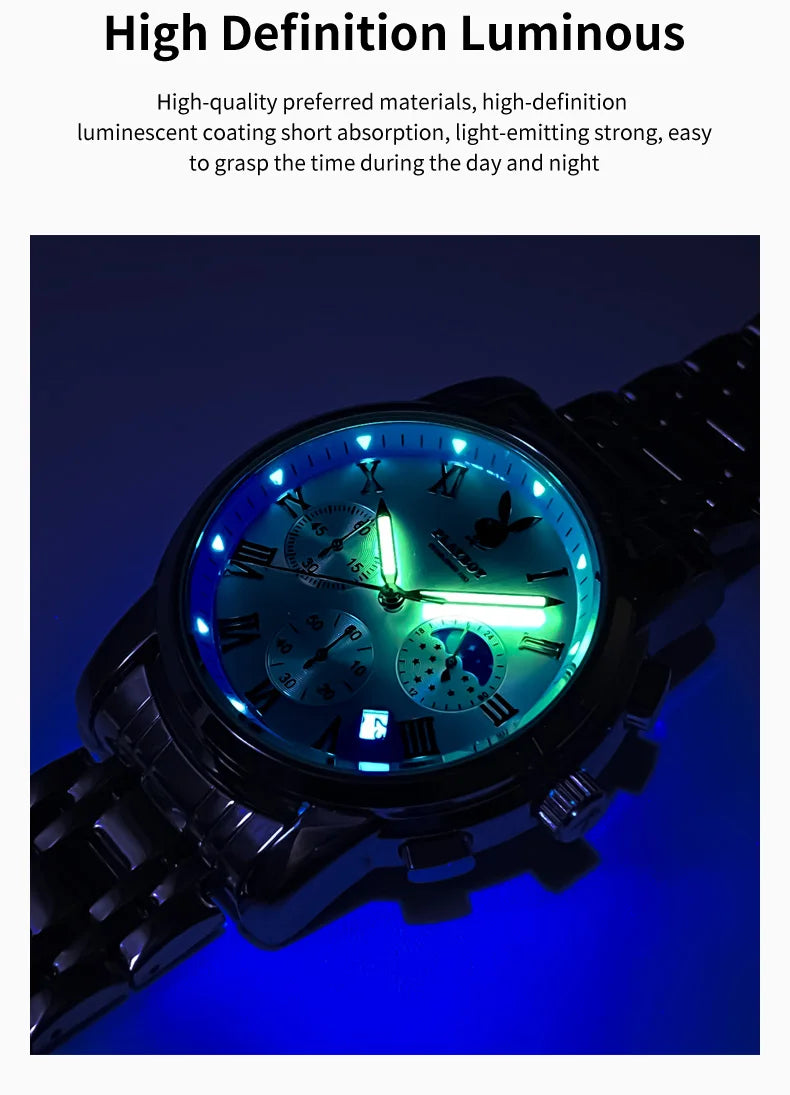 PLAYBOY Best Selling Fashion Luxury Quartz Watch for Men Original Stainless Steel Multifunction Waterproof Men's Wrist Watches