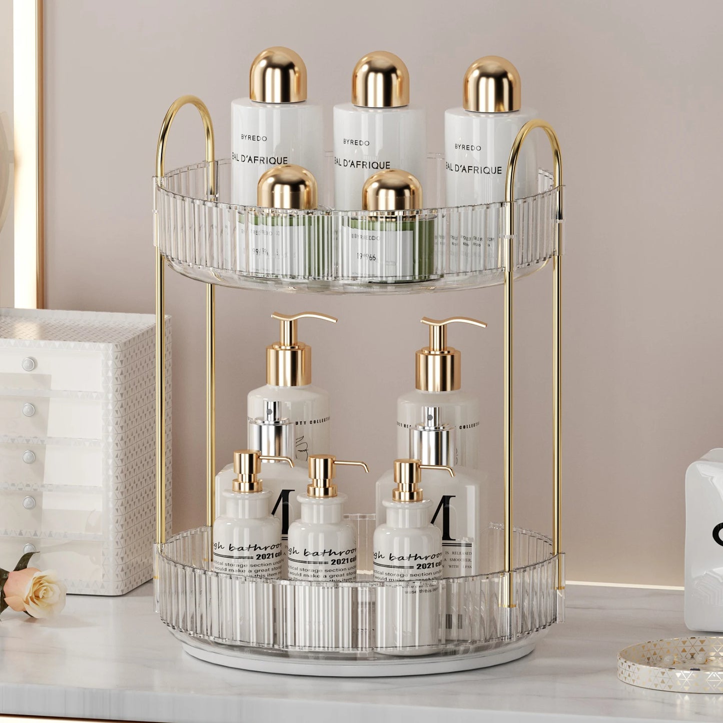 Rotating Makeup Organizer for Vanity 3 Tier Skincare Organizers Large Storage Bathroom Countertop Clear Cosmetic Holder Dresser