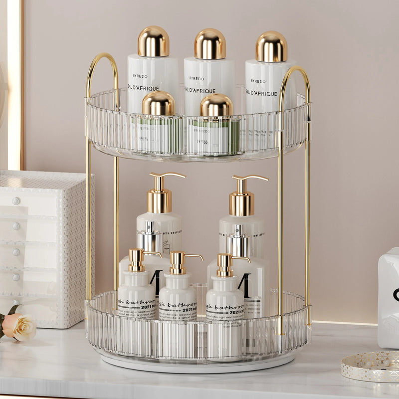 Organizador de maquillaje giratorio para tocador, organizador de 3 niveles para el cuidado de la piel, gran espacio de almacenamiento para encimera de baño, soporte transparente para cosméticos, tocador