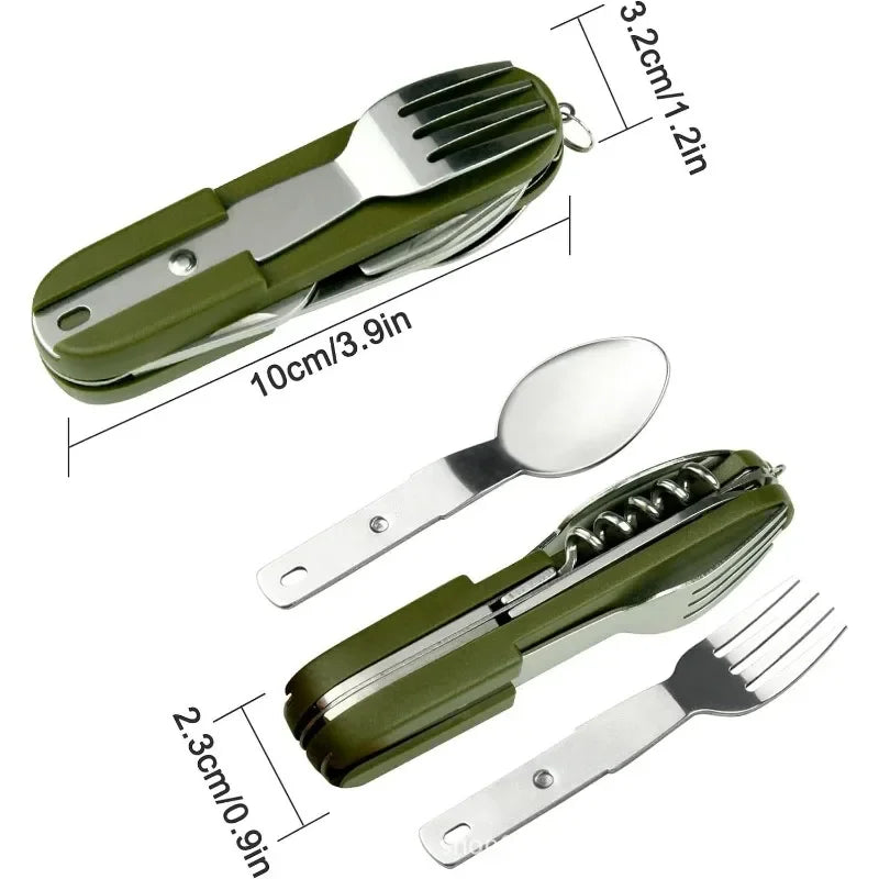Vajilla multifuncional 7 en 1 para exteriores, herramientas de supervivencia, tenedor plegable de acero inoxidable, cuchara, cuchillo, vajilla para Picnic y acampada