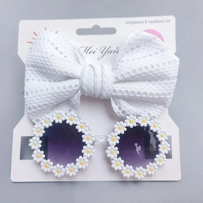 2Pcs Elastic Nylon Baby Headband Daisy With Flower Sunglasses Bohemia Beach Seaside Sun Glasses Kids Puff Bow Headwear