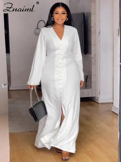 Znaiml Elegant Office Lady White Dresses V Neck Long Sleeve Single Breasted Button Slit Dress Women Fall Birthday Party Clubwear