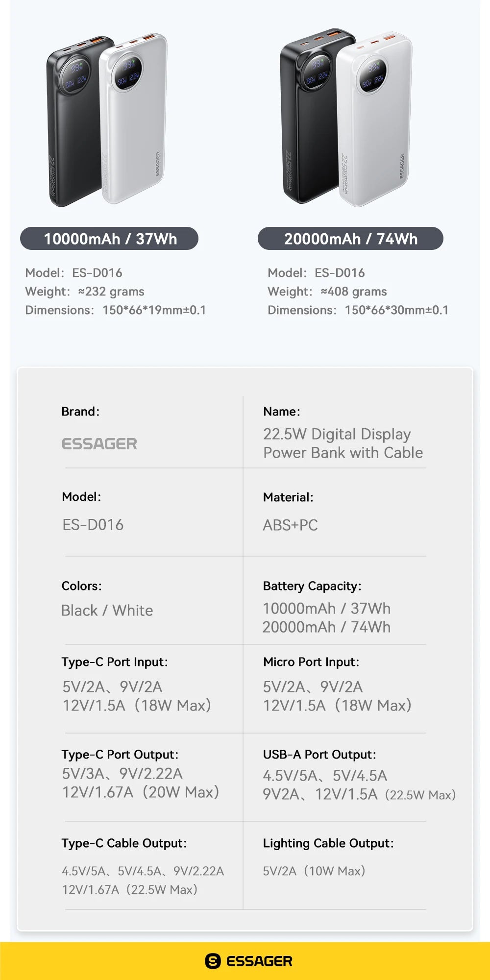 Essager Power Bank 30000mAh 22.5W PD Fast Charging Powerbank Portable Battery Charger For iPhone 15 14 13 12 Pro Max Huawei