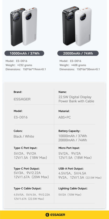 Essager Power Bank 30000mAh 22.5W PD Fast Charging Powerbank Portable Battery Charger For iPhone 15 14 13 12 Pro Max Huawei