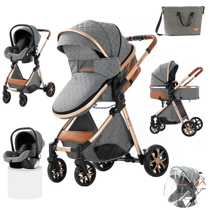 Lightweight Baby Stroller 3-IN-1 Luxury Travel System with Adjustable Seat Baby Car with Canopy& Mosquito Net for Newborns New