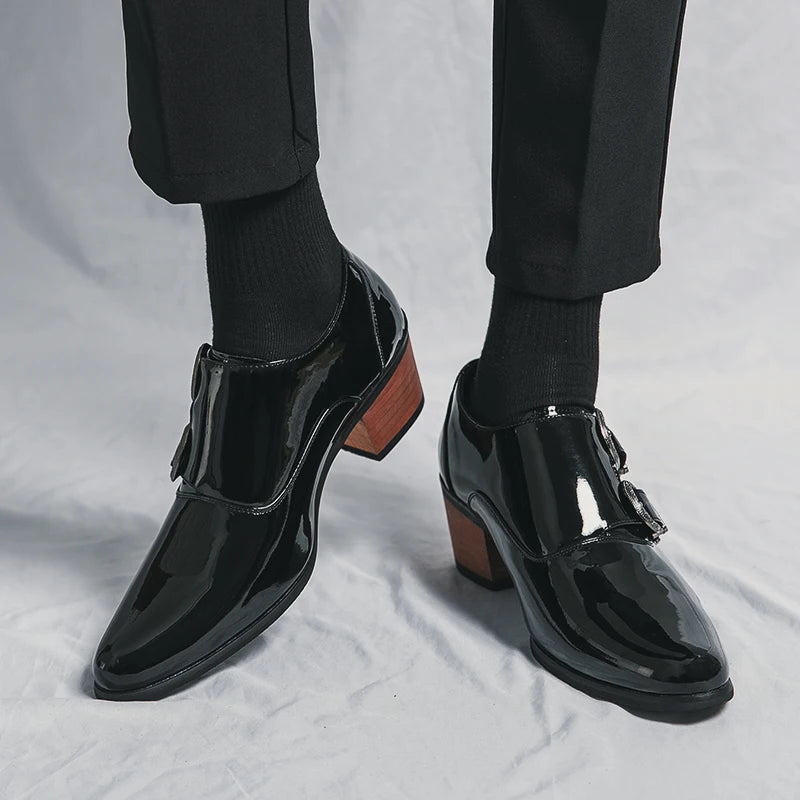 Luxury Designer Monk Leather Men's Shoes, High Heels, Polished, Double Buckle, Pointed Toe, Casual Shoes for Men, Party Wedding Shoes for Men