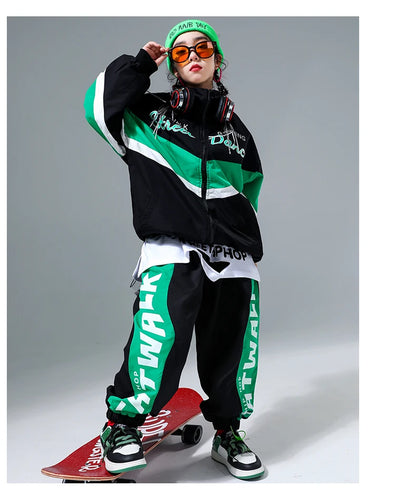 Hip Hop Girls Contrast Bomber Jacket Sport Pants Boys Street Dance Coat Streetwear Kids Jazz Clothes Set Children School Uniform
