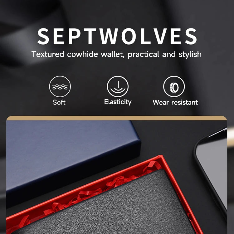 Septwolves Genuine Leather Wallets For Men Original Leather Wallet Man Cowhide Wolf Pattern With Brand Box Father Lover Gift
