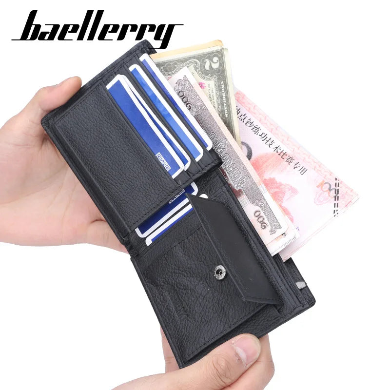 Baellerry Men Genuine Cow Leather Wallet Card Holder Male Purse Short with Coin Pocket Leather Wallets for Men