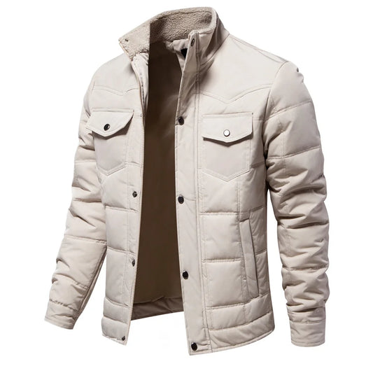 Chaqueta de cuello alto para hombre, otoño e invierno 2024, nueva chaqueta informal de moda con acolchado de algodón y doble costura.