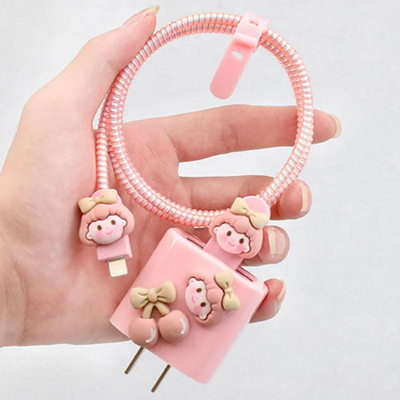 New Cable Protector For iPhone 15 14 13 12 18W/20W Charger Cute Pink Girl Design Protection Cover Data Line Winder Protective