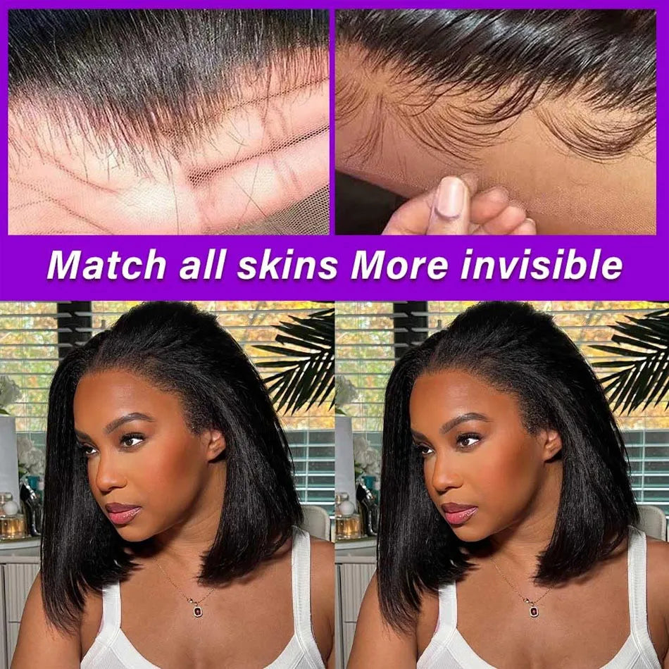 Glueless Kinky Straight Short Bob Virgin Human Hair Wig 13x4 Frontal HD Transparent Lace Peruvian Remy Soft Yaki Wear And Go Wig