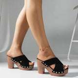 Women's Slippers 2024 Summer Square Platform Flock Casual Rivet Pumps Female Peep Toe Elegant High Heel Slippers Zapatos De Mujer
