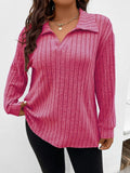 GIBSIE-2023 Camiseta de manga larga con cuello polo para mujer, informal, de punto acanalado, monocromática, de talla grande, para primavera y otoño 