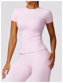 NCLAGEN - Camiseta deportiva para mujer, para correr, de verano, de manga corta, cuello redondo, transpirable, elástica, para gimnasio, yoga, fitness, ajustada, activa