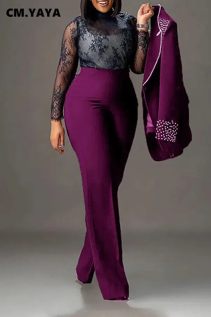 CM.YAYA Conjunto de dos piezas de chaqueta de manga larga y pantalón ancho para mujer, con empalme de perlas, para invierno y otoño de 2024