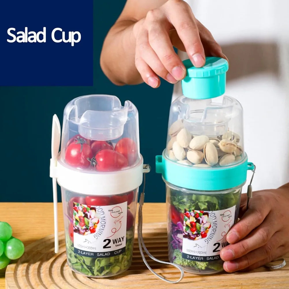 ¡Lleve tazas de desayuno, tazas de ensalada, cereales de yogur, bocadillos de avena, recipientes para parfait y soportes para aderezos para ensaladas con tenedores!
