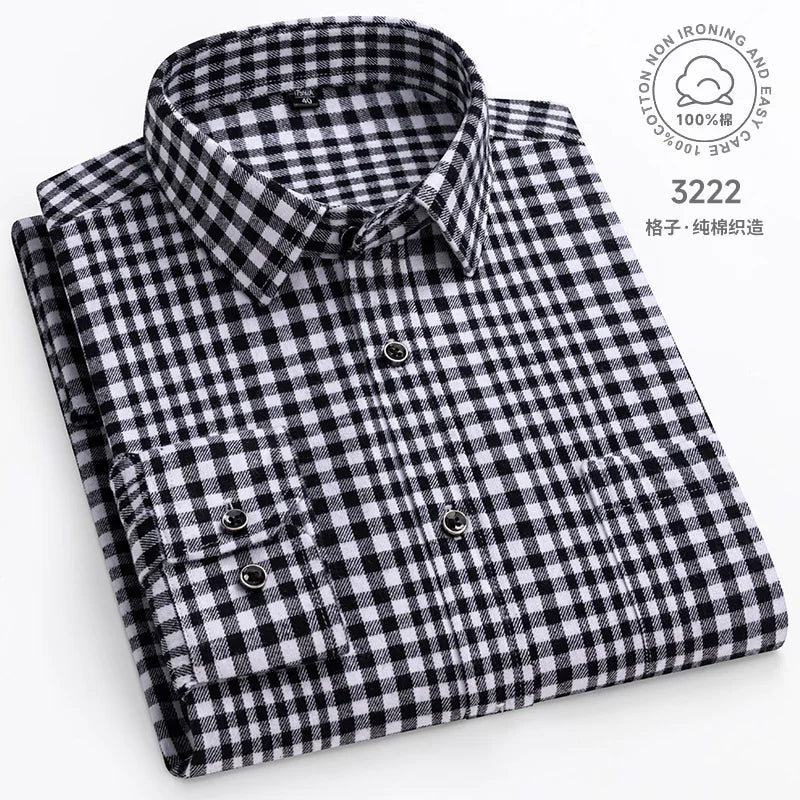 Men Fashion Long Sleeve Brushed Flannel Shirt Single Pocket Comfortable 100% Cotton Casual Slim Fit Button-down Plaid Shirts 8XL