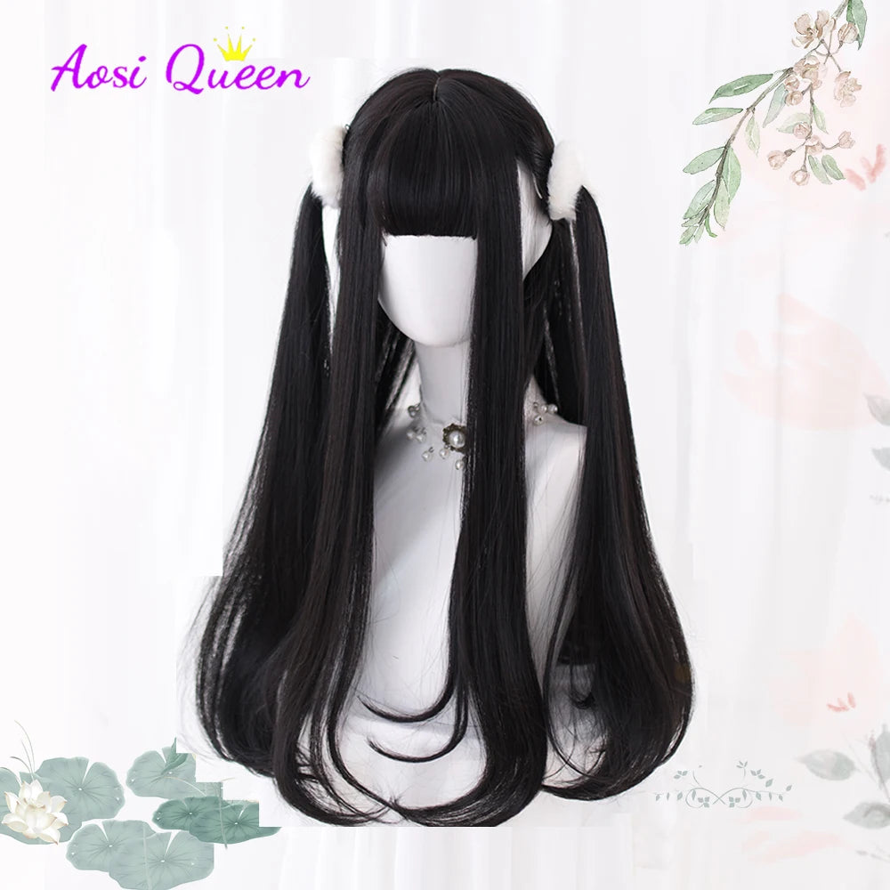 AS Long Straight Black Synthetic Wig For Women With Bangs Black Cosplay Lolita Wigs Heat Resistant Natural Hair