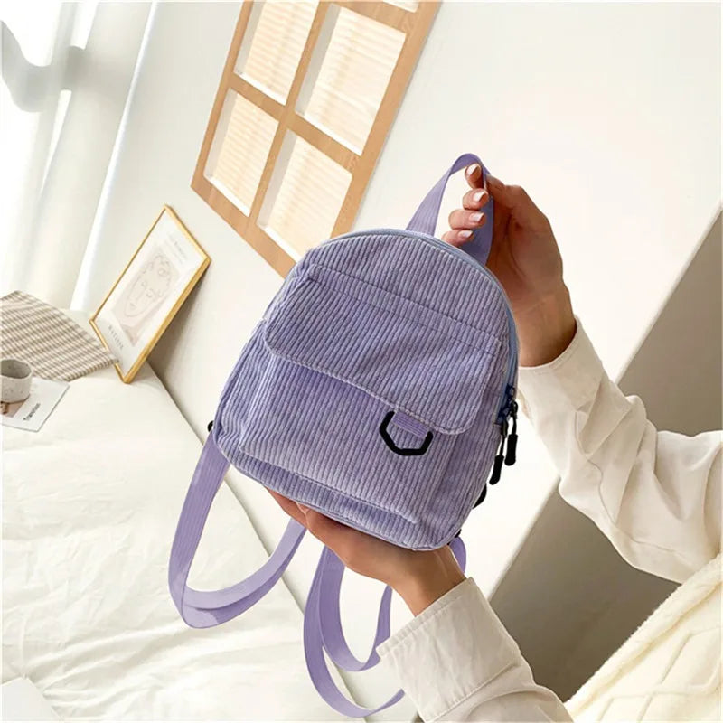 Women's Mini Backpack Fashion Solid Color Corduroy Small Simple Casual Traveling Large Capacity Durable Female's Schoolbag