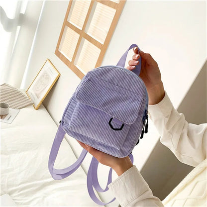 Women's Mini Backpack Fashion Solid Color Corduroy Small Simple Casual Traveling Large Capacity Durable Female's Schoolbag