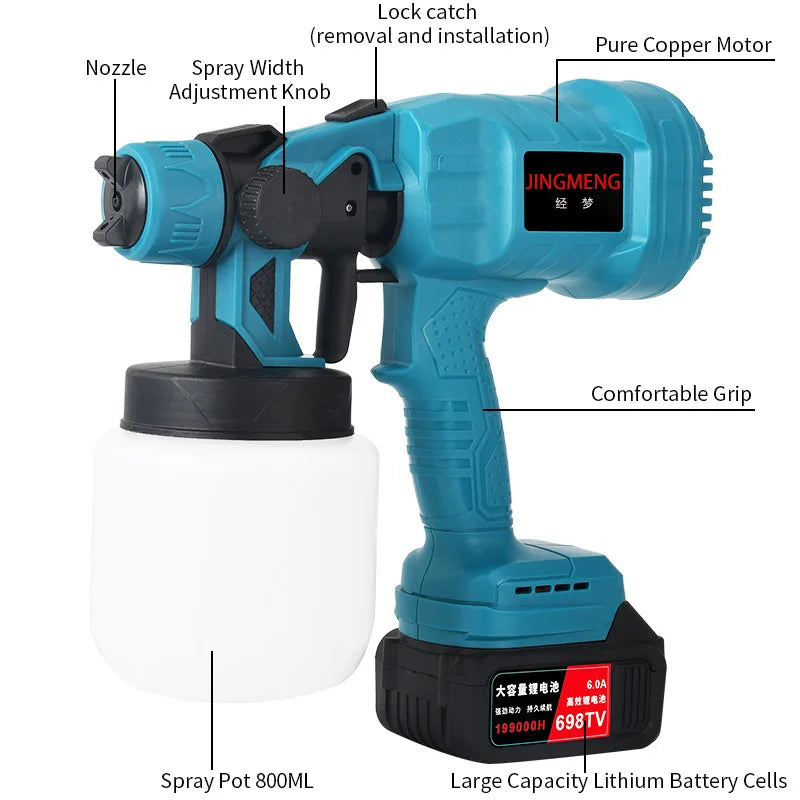 Pistola pulverizadora elétrica sem fio, 800ml, pulverizador de tinta, móveis automotivos, revestimento de aço, aerógrafo, compatível com bateria de 21v