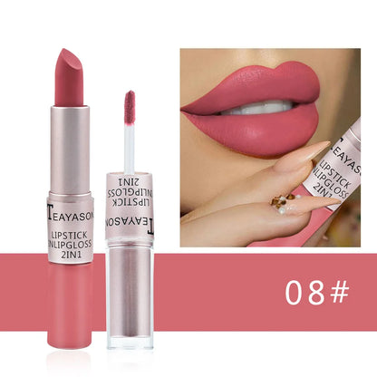 Lápiz labial mate aterciopelado de larga duración, brillo labial de doble cabezal, taza antiadherente, brillo labial, tinte voluminizador, lápiz labial resistente al agua, maquillaje